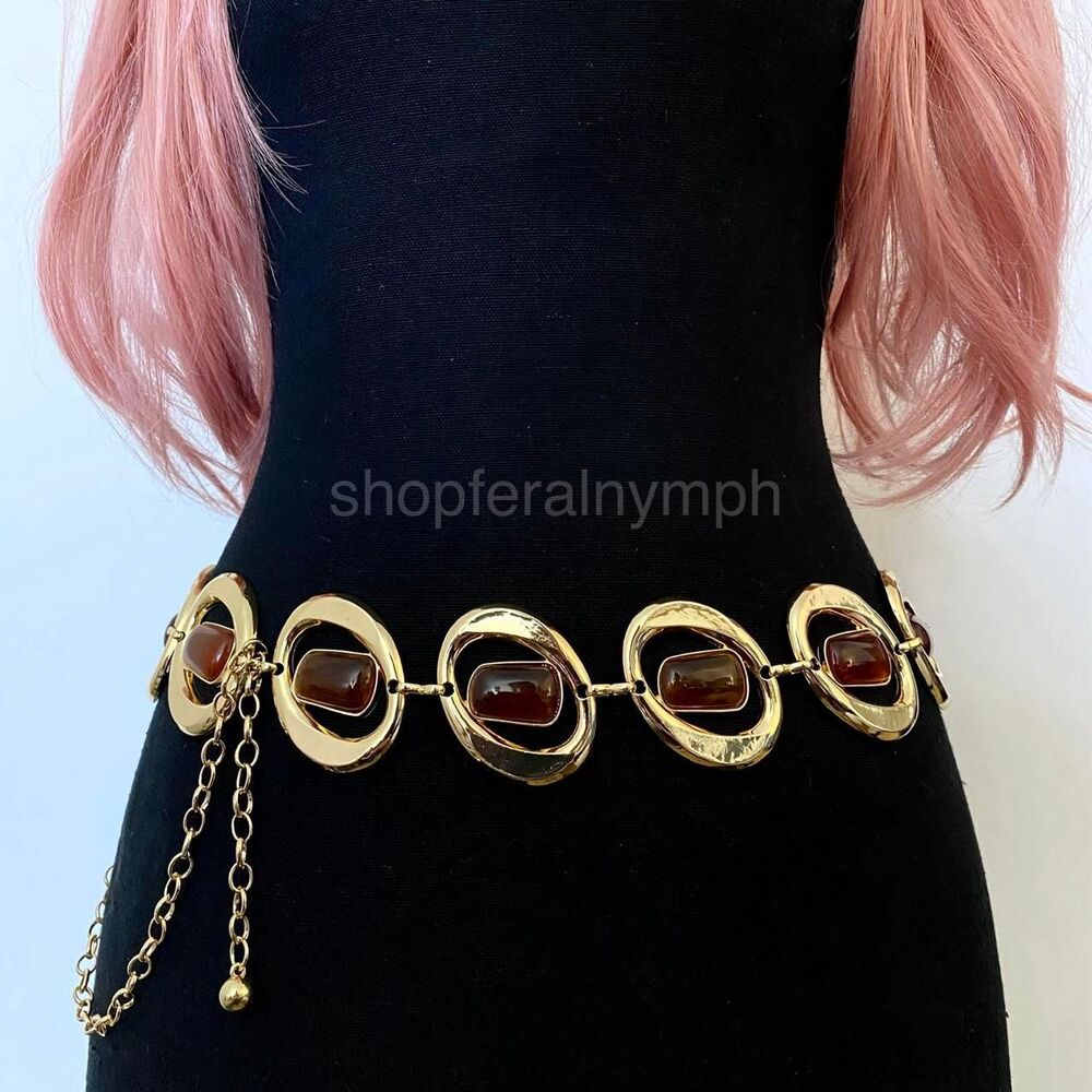Gold Y2K Faux Amber Stone Chunky Oval Chain Belt, Fits 16-45 Inches, X7GA1385